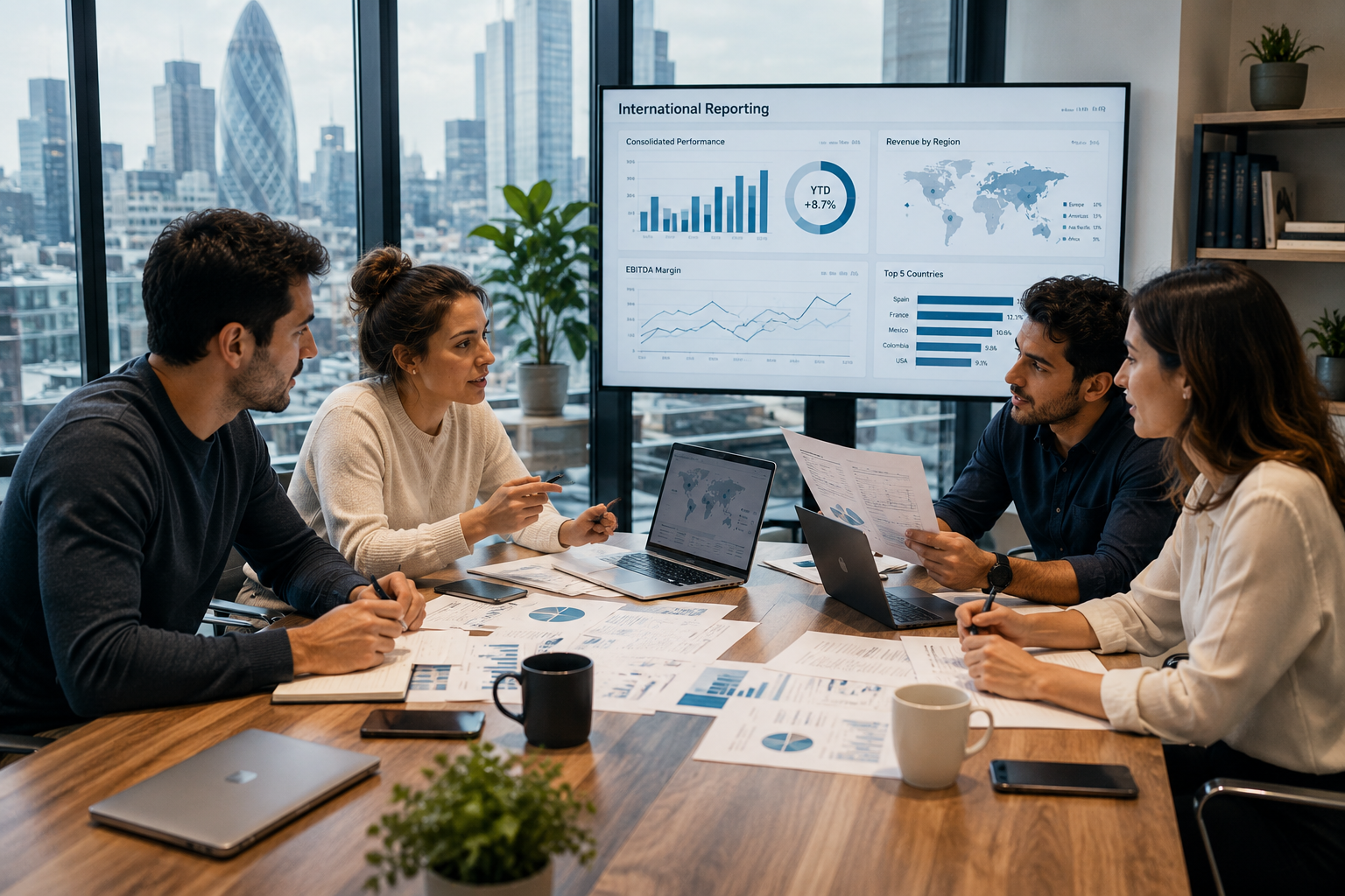 Equipo de Aphineon revisando información financiera junto a clientes